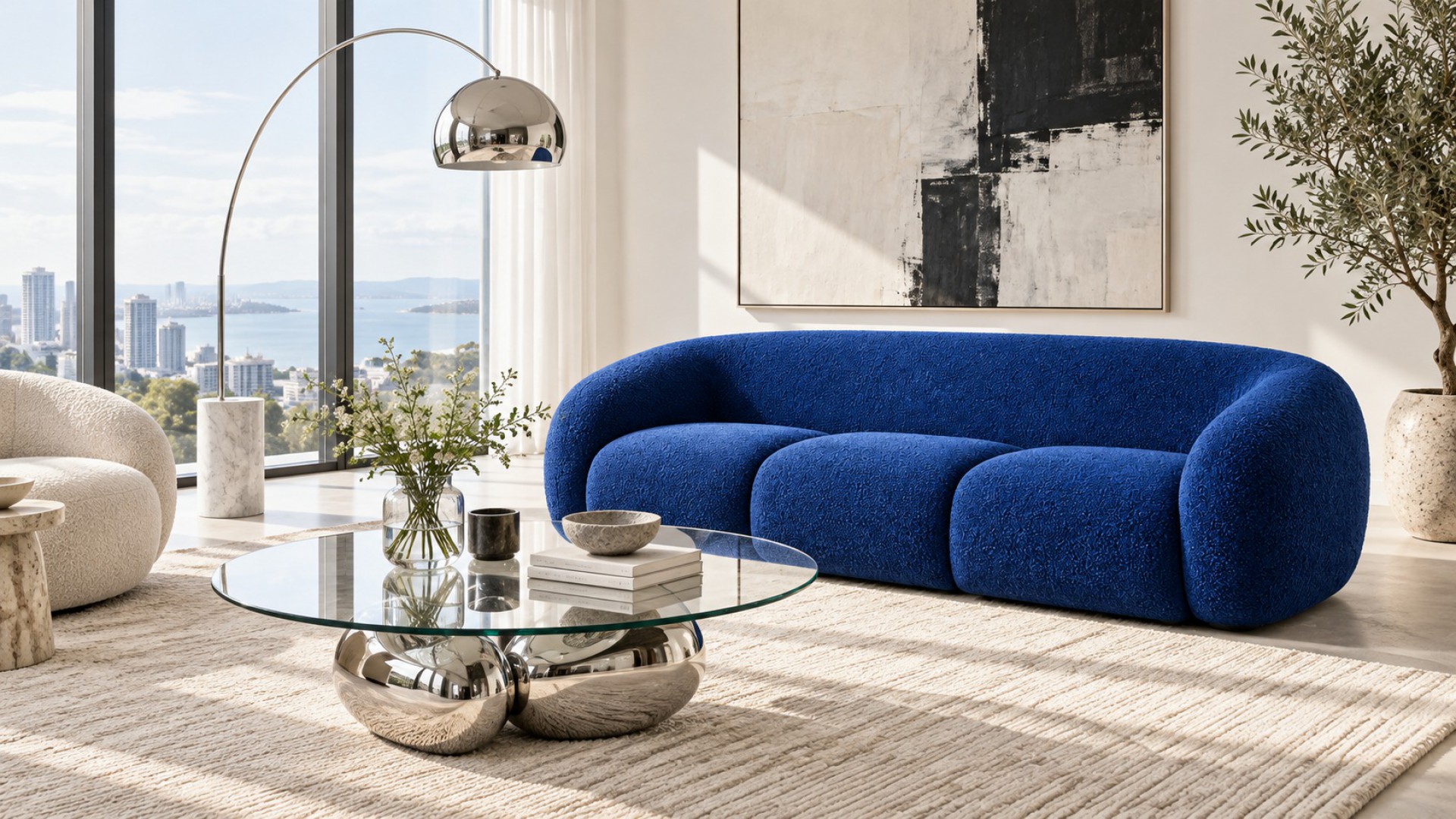 Kobalt mavi koltukla modern yaşam alanı